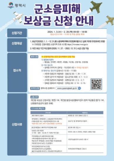 2024년 군 소음피해 보상금 신청 접수 안내문