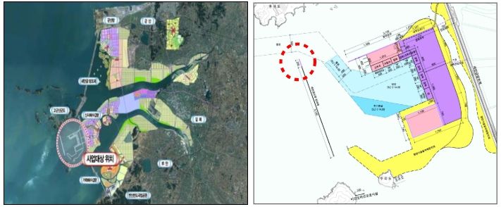 새만금항 신항 방파제 (연장) 축조공사 위치도 및 계획평면도